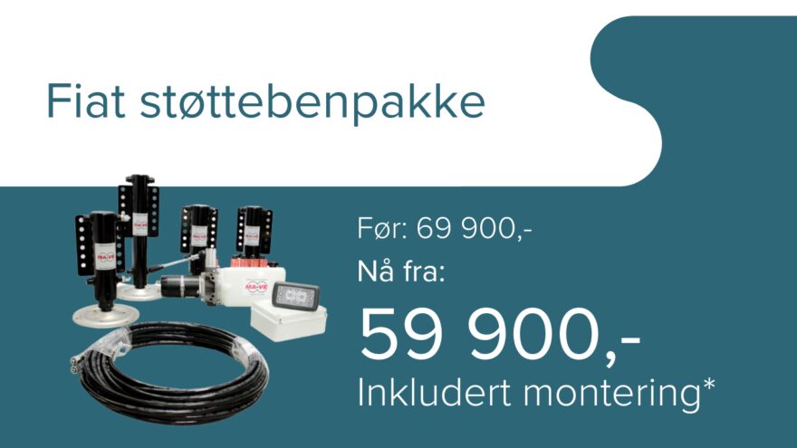 Tilbud: Støttebenpakke fra Fiat. Kampanjepris fra kr. 59 900 inkludert montering (gjelder kjøp i kampanjeperioden og montering innen 1. mars 2024)